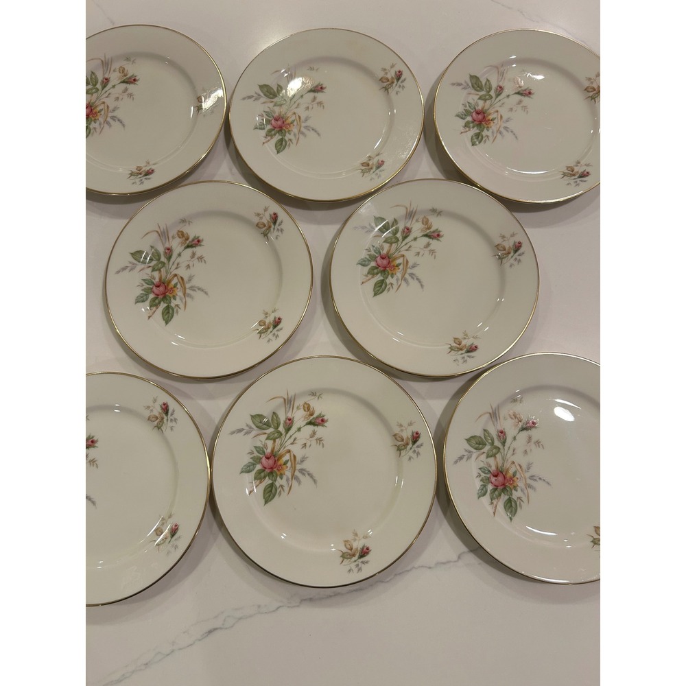 Thomas Germany Bread Plates Set of 8 Ivory Pink Floral Rose Gold Trim 07470 23